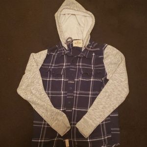 Blue plad and white jacket